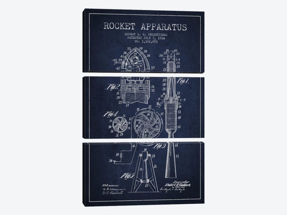 Rocket Apparatus Navy Blue Patent Blueprint by Aged Pixel 3-piece Canvas Wall Art