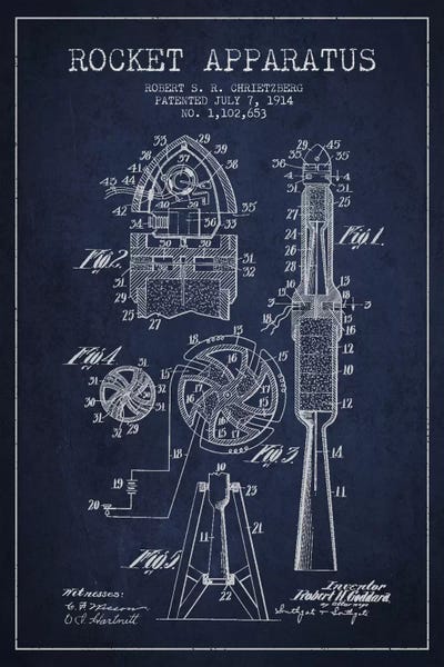 Engineering & Machinery Blueprints: Rocket Apparatus Navy Blue Patent Blueprint by Aged Pixel