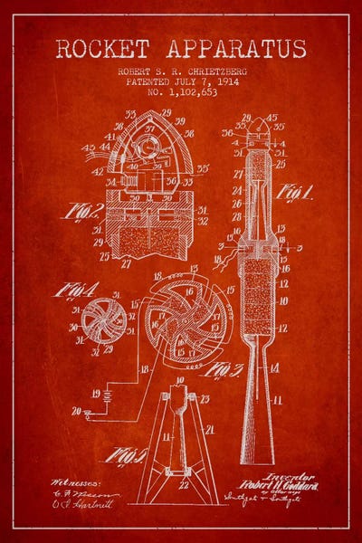 Engineering & Machinery Blueprints: Rocket Apparatus Red Patent Blueprint by Aged Pixel