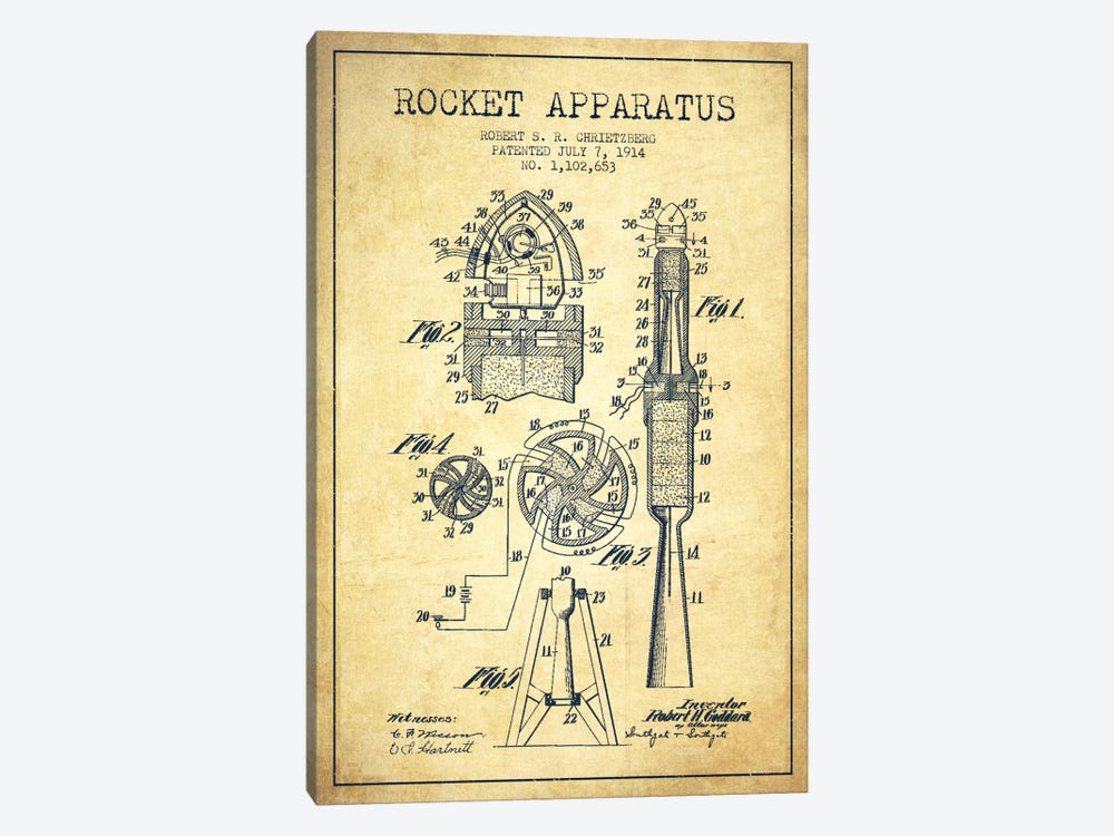 Rocket Apparatus Vintage Patent Blueprint by Aged Pixel 1-piece Canvas Artwork