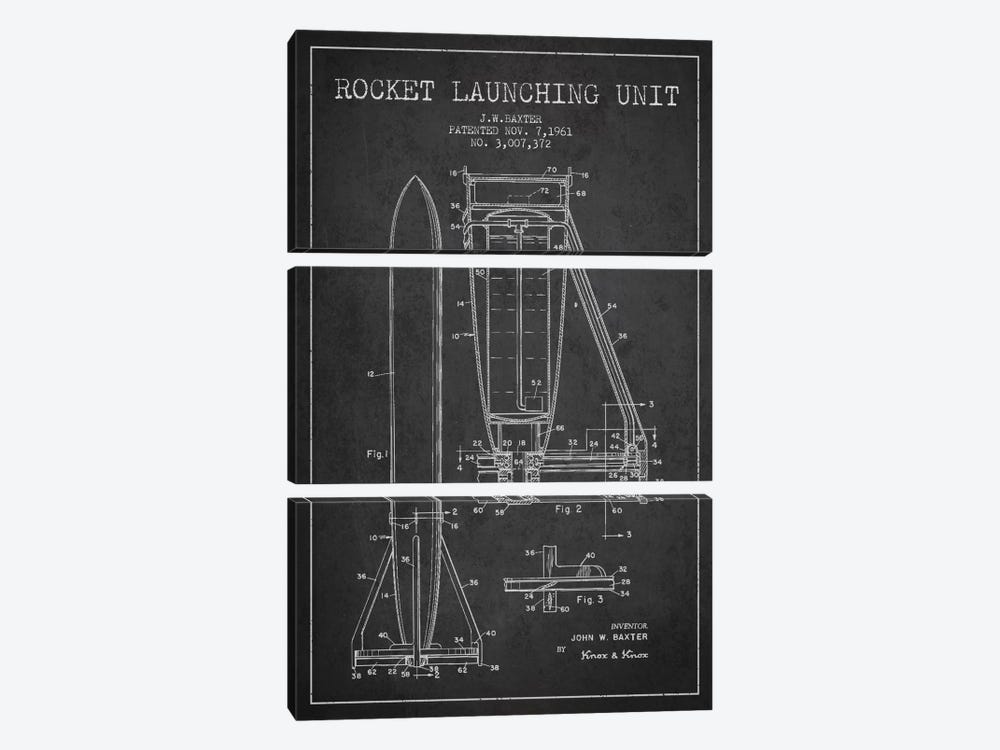 Rocket Unit Charcoal Patent Blueprint by Aged Pixel 3-piece Canvas Wall Art