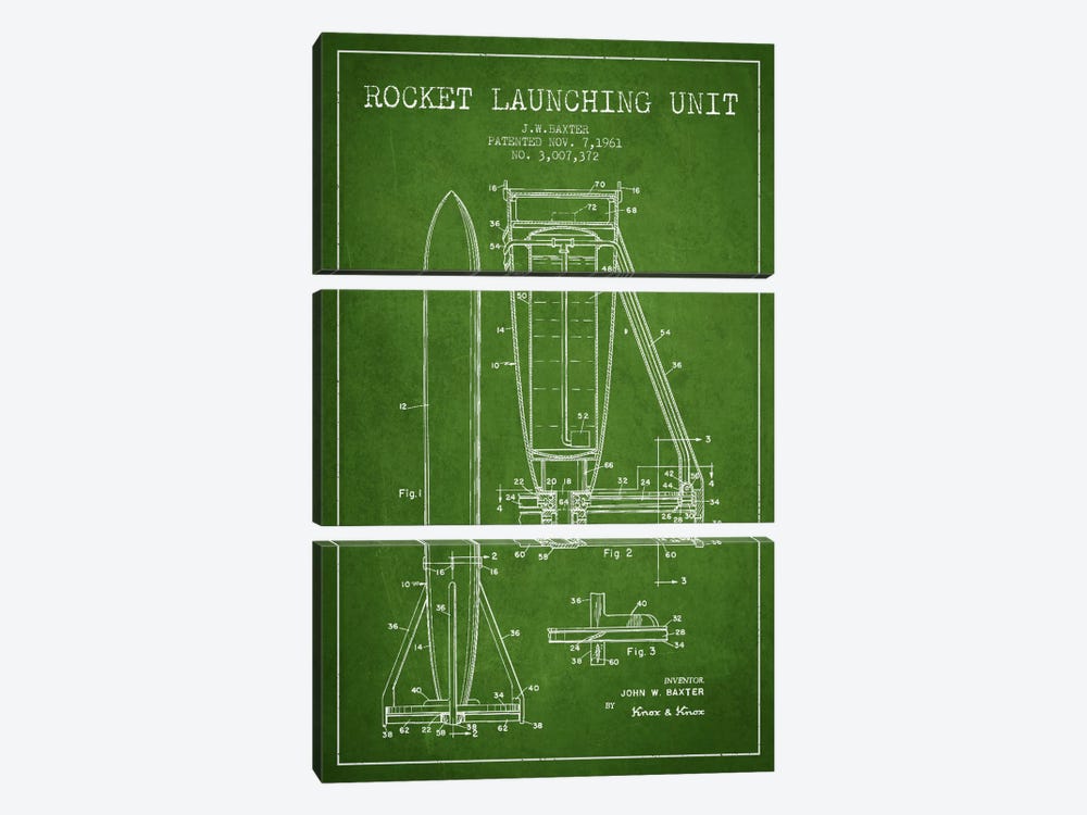 Rocket Unit Green Patent Blueprint by Aged Pixel 3-piece Canvas Art Print