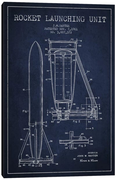 Rocket Unit Navy Blue Patent Blueprint Canvas Art Print - Aged Pixel: Engineering & Machinery