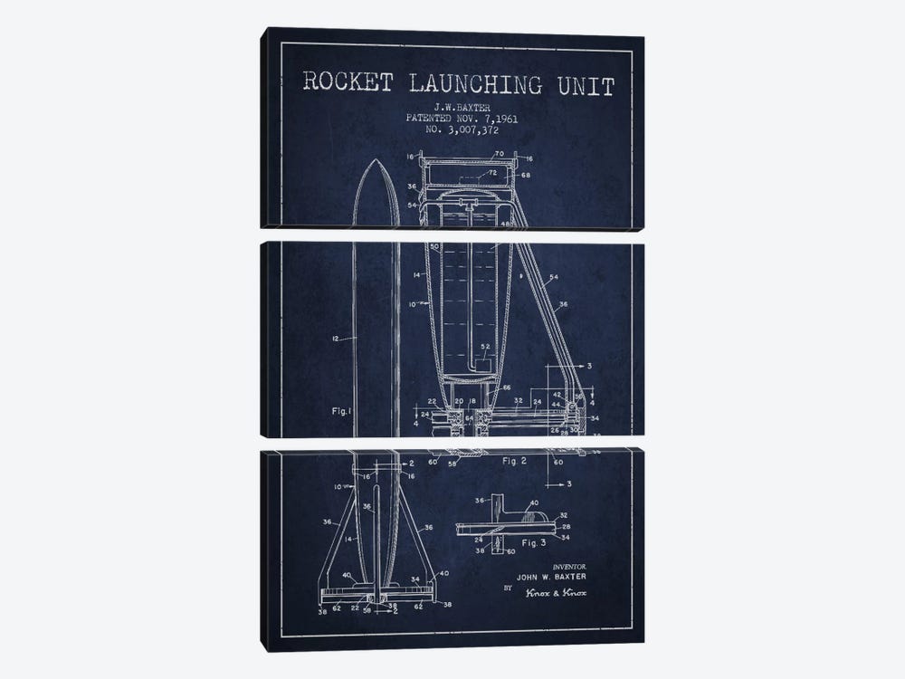 Rocket Unit Navy Blue Patent Blueprint by Aged Pixel 3-piece Canvas Wall Art