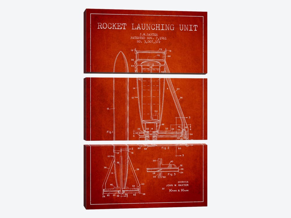 Rocket Unit Red Patent Blueprint by Aged Pixel 3-piece Canvas Art Print