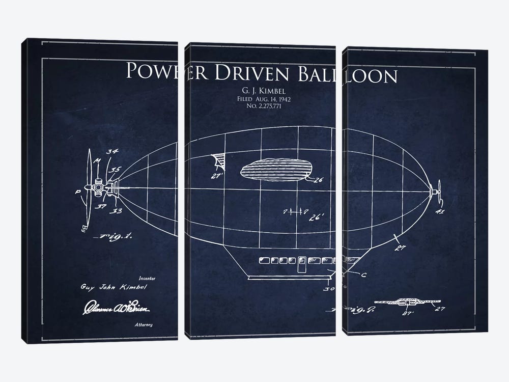 Zeppelin Navy Blue Patent Blueprint by Aged Pixel 3-piece Art Print