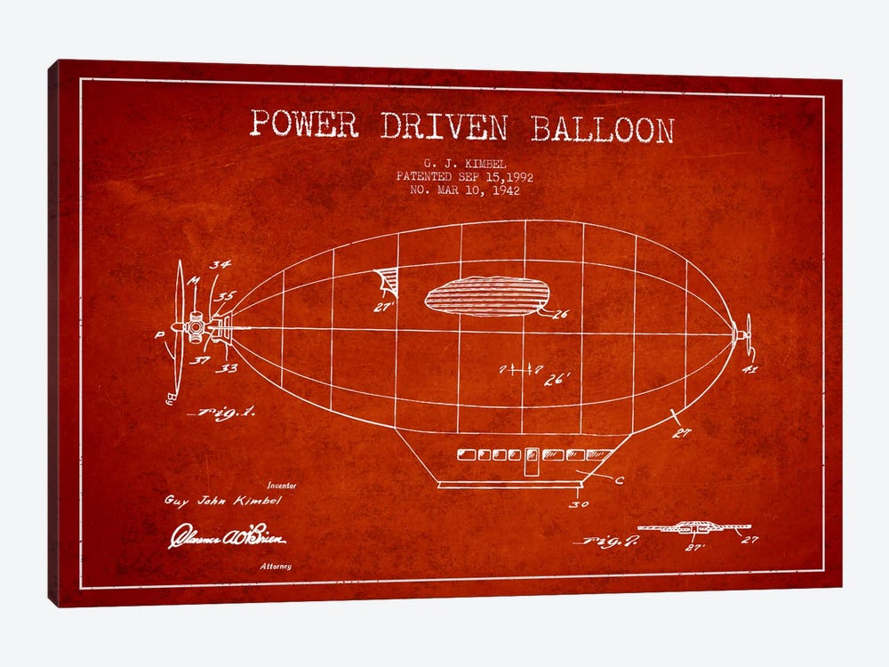 Zeppelin Red Patent Blueprint by Aged Pixel 1-piece Canvas Artwork