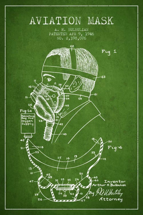 Aviation Mask Green Patent Blueprint by Aged Pixel wall art