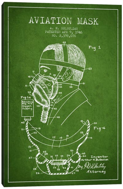 Aviation Mask Green Patent Blueprint Canvas Art Print - Aviation Blueprints