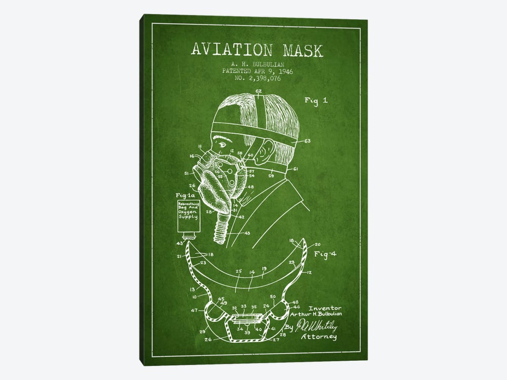 Aviation Mask Green Patent Blueprint by Aged Pixel 1-piece Canvas Art