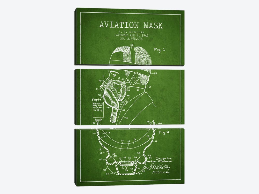 Aviation Mask Green Patent Blueprint by Aged Pixel 3-piece Canvas Artwork