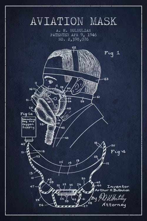 Aviation Mask Navy Blue Patent Blueprint by Aged Pixel wall art