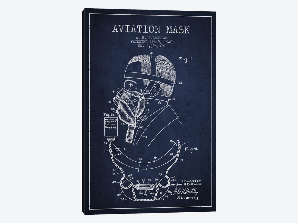 Aviation Mask Navy Blue Patent Blueprint by Aged Pixel 1-piece Canvas Art Print