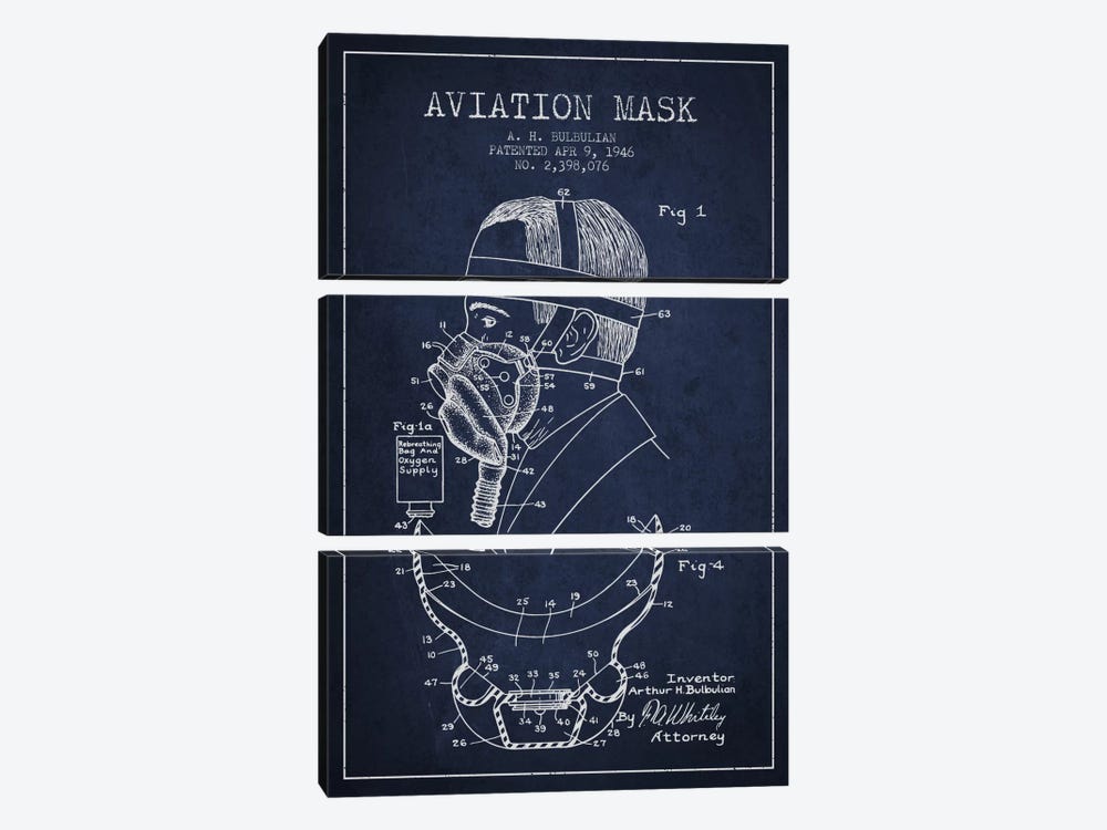 Aviation Mask Navy Blue Patent Blueprint by Aged Pixel 3-piece Canvas Art Print