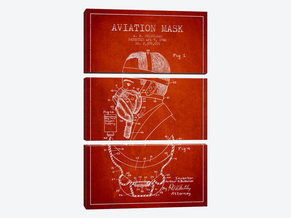 Aviation Mask Red Patent Blueprint by Aged Pixel 3-piece Canvas Art