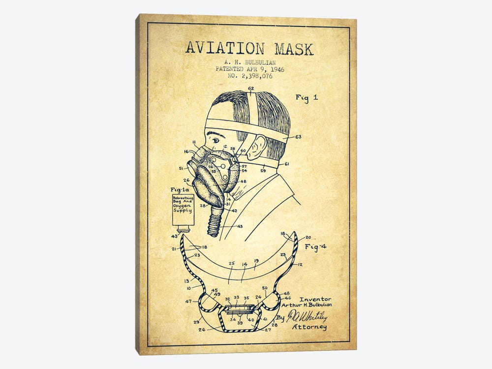Aviation Mask Vintage Patent Blueprint by Aged Pixel 1-piece Canvas Art Print