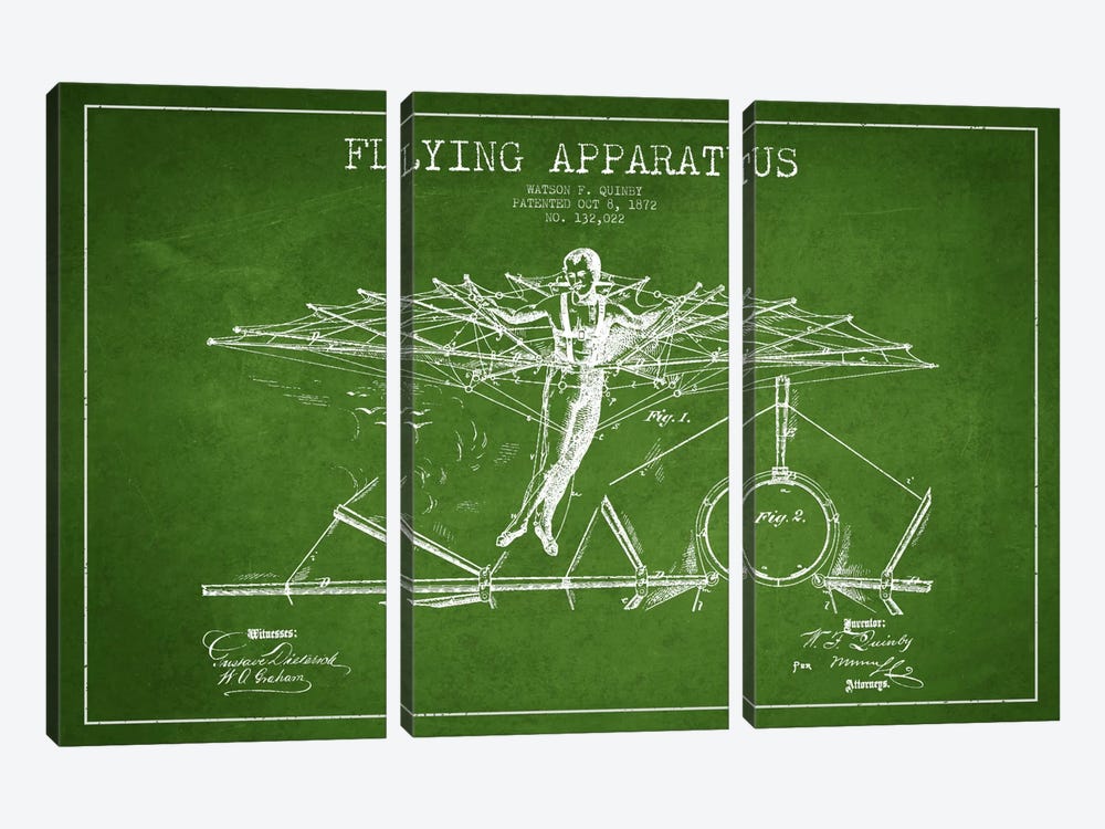 Flying Apparatus Green Patent Blueprint by Aged Pixel 3-piece Canvas Print
