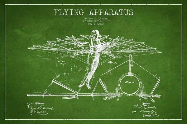 Aviation Blueprints: Flying Apparatus Green Patent Blueprint by Aged Pixel