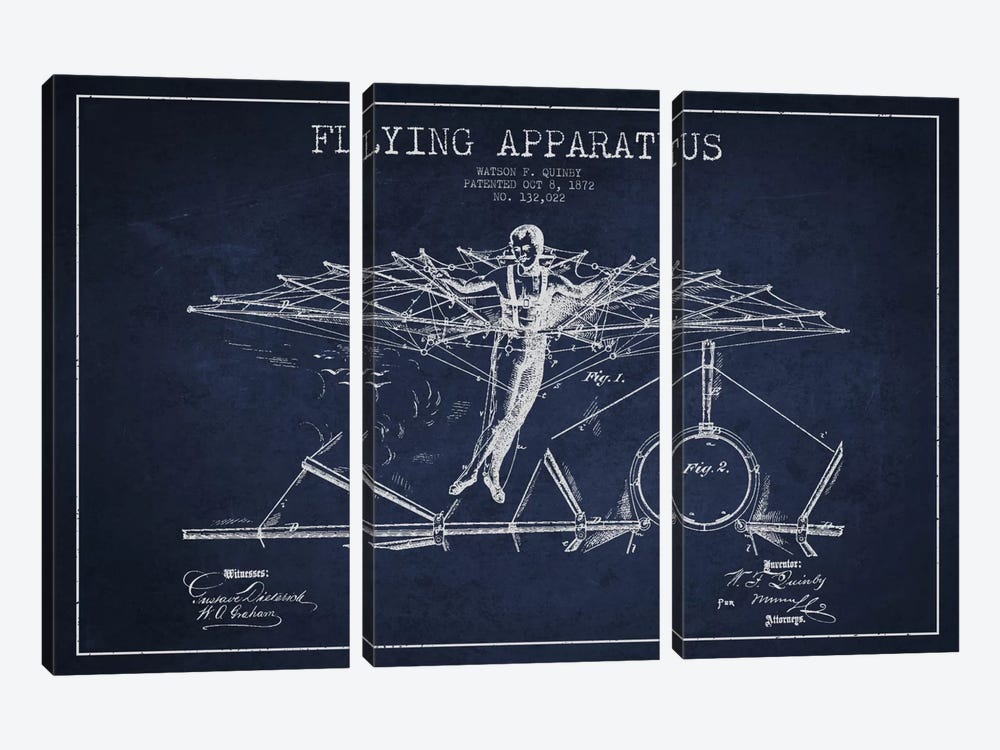 Flying Apparatus Navy Blue Patent Blueprint by Aged Pixel 3-piece Canvas Wall Art