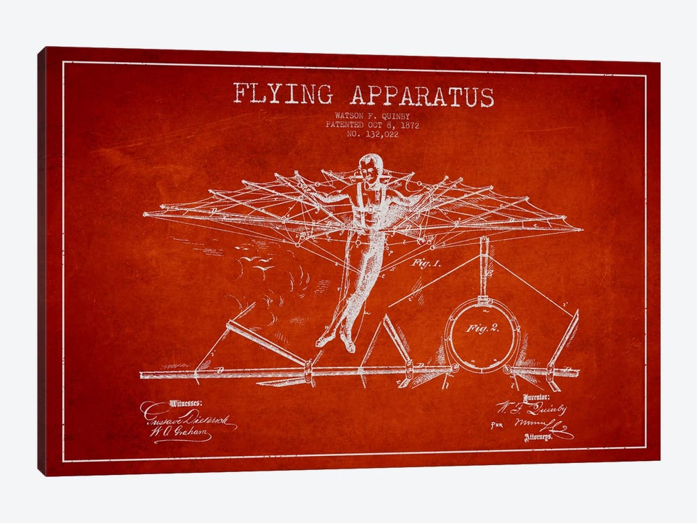 Flying Apparatus Red Patent Blueprint by Aged Pixel 1-piece Canvas Art Print