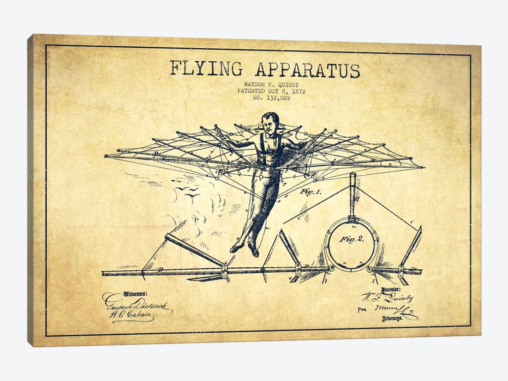 Flying Apparatus Vintage Patent Blueprint by Aged Pixel 1-piece Canvas Wall Art