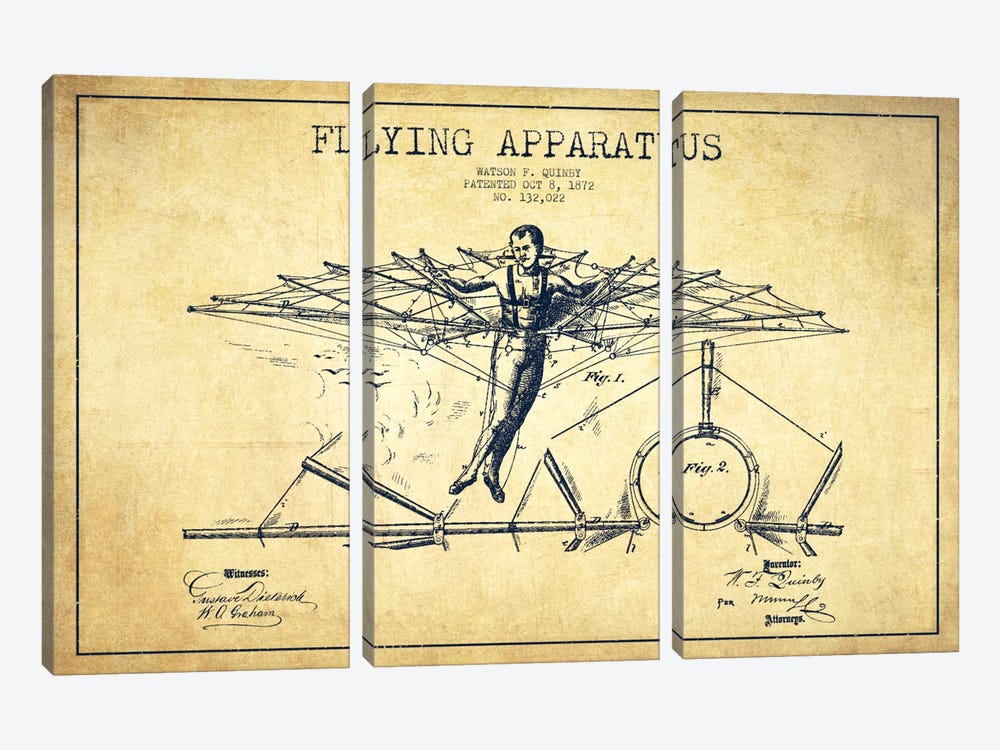 Flying Apparatus Vintage Patent Blueprint by Aged Pixel 3-piece Canvas Artwork