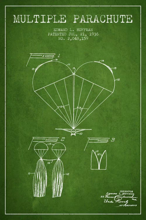Multiple Parachute Green Patent Blueprint by Aged Pixel wall art