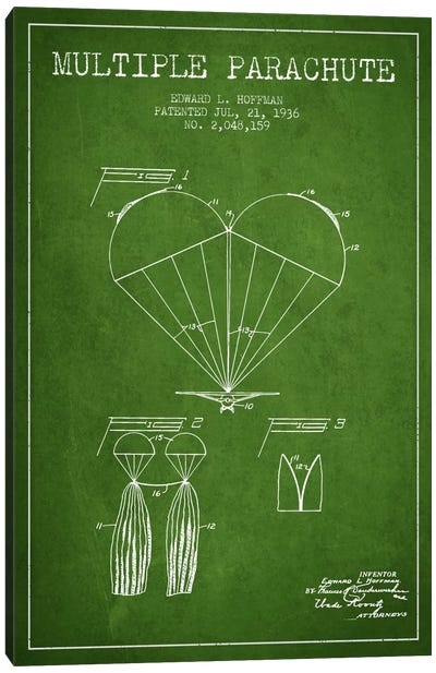 Multiple Parachute Green Patent Blueprint Canvas Art Print