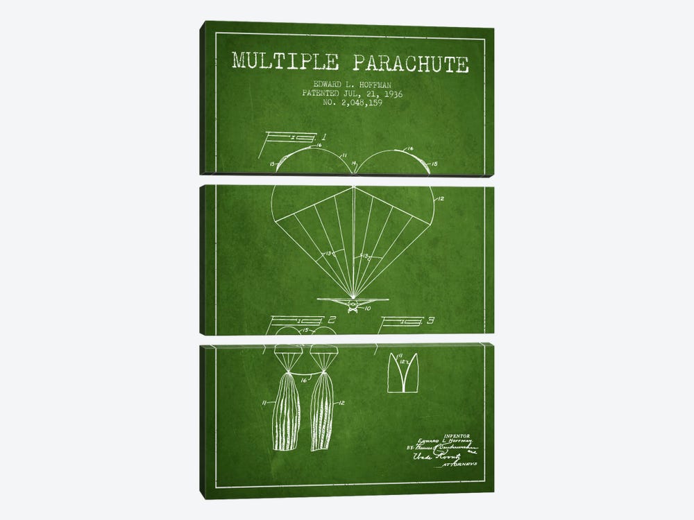 Multiple Parachute Green Patent Blueprint by Aged Pixel 3-piece Canvas Print