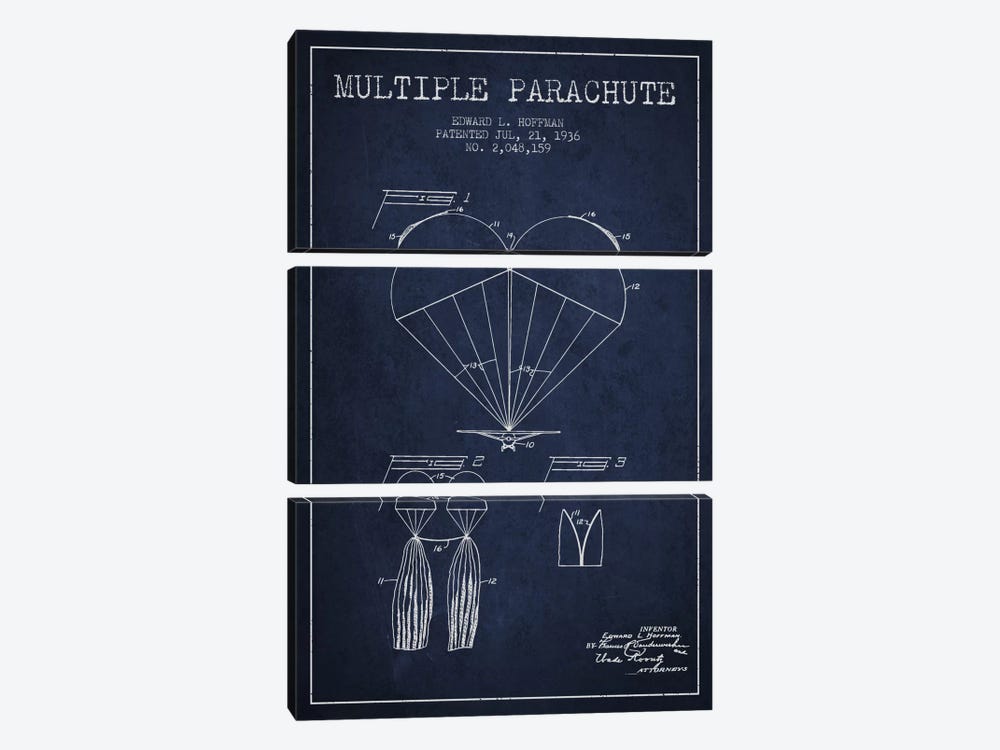 Multiple Parachute Navy Blue Patent Blueprint by Aged Pixel 3-piece Canvas Artwork