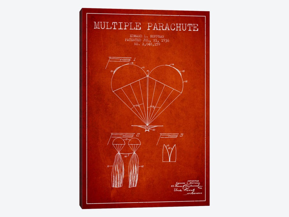 Multiple Parachute Red Patent Blueprint by Aged Pixel 1-piece Canvas Print