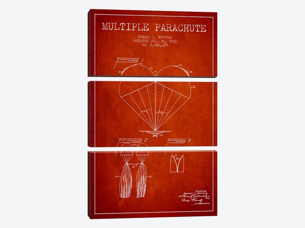 Multiple Parachute Red Patent Blueprint by Aged Pixel 3-piece Canvas Print