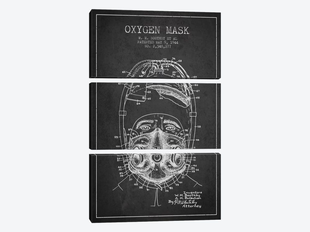 Oxygen Mask 1 Charcoal Patent Blueprint by Aged Pixel 3-piece Canvas Art Print