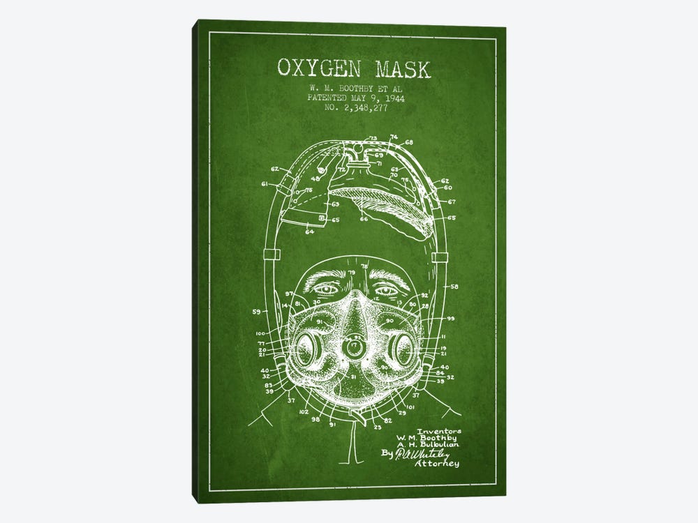 Oxygen Mask 1 Green Patent Blueprint by Aged Pixel 1-piece Canvas Wall Art