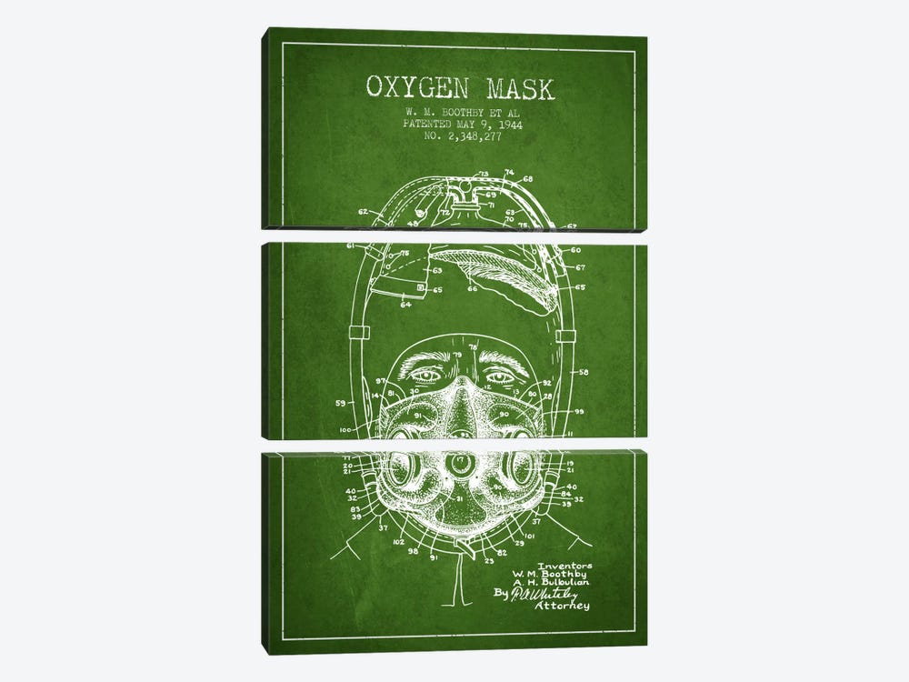 Oxygen Mask 1 Green Patent Blueprint by Aged Pixel 3-piece Canvas Artwork