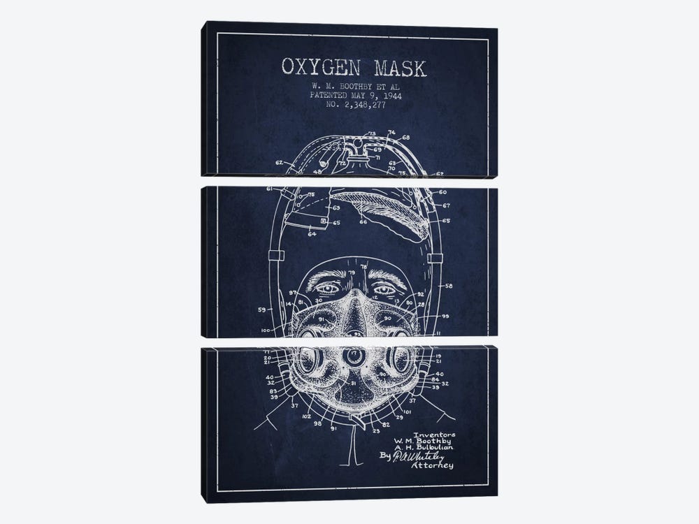 Oxygen Mask 1 Navy Blue Patent Blueprint by Aged Pixel 3-piece Canvas Print