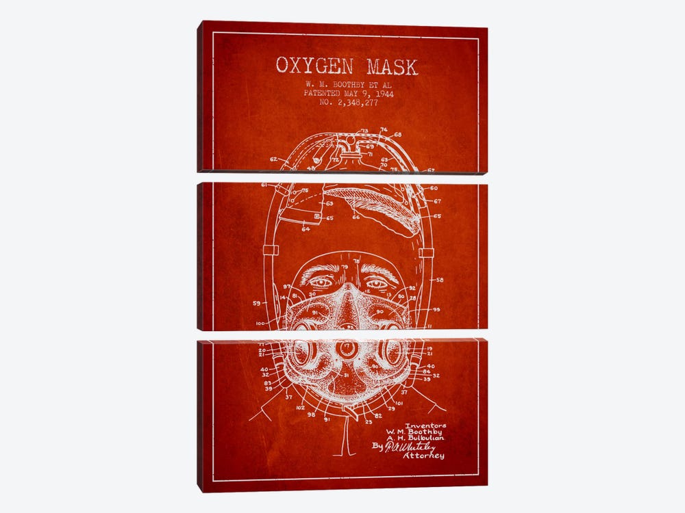 Oxygen Mask 1 Red Patent Blueprint by Aged Pixel 3-piece Canvas Wall Art