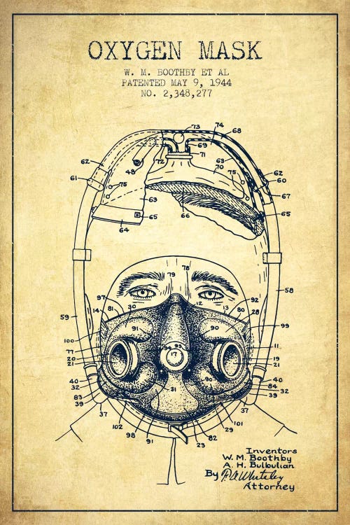 Oxygen Mask 1 Vintage Patent Blueprint by Aged Pixel wall art