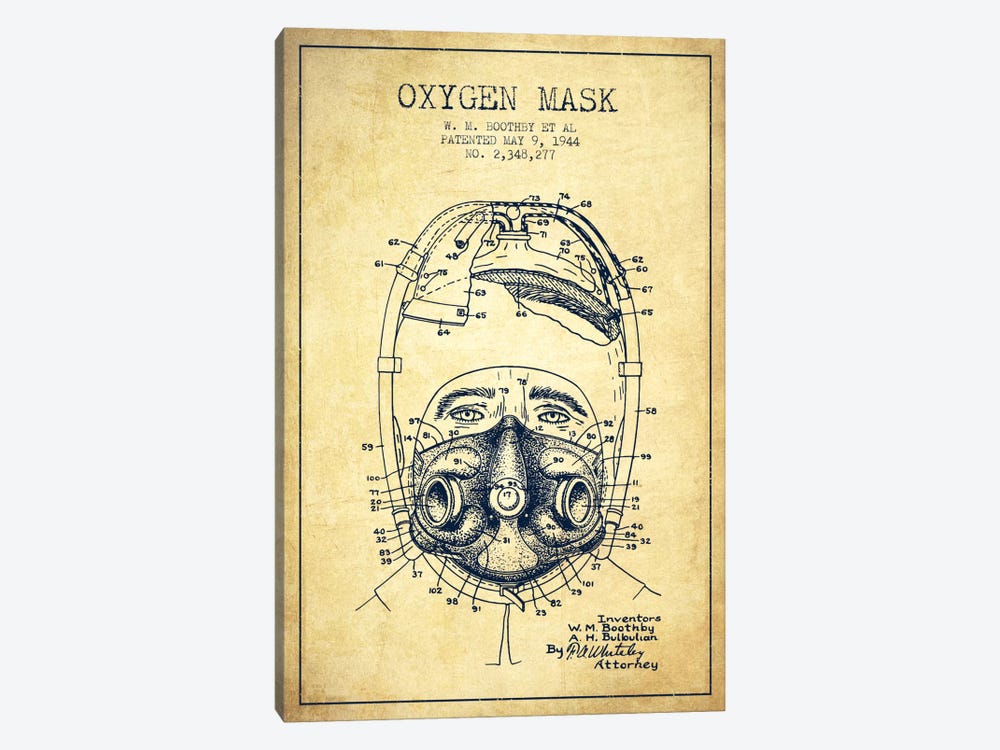 Oxygen Mask 1 Vintage Patent Blueprint by Aged Pixel 1-piece Canvas Art Print