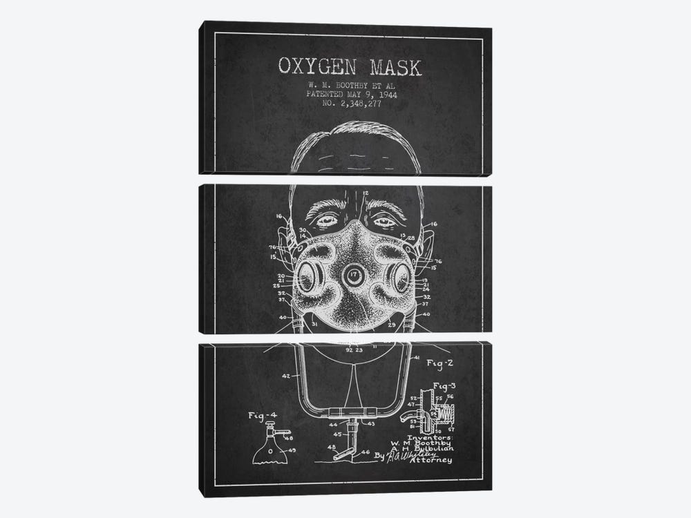 Oxygen Mask 2 Charcoal Patent Blueprint by Aged Pixel 3-piece Canvas Print