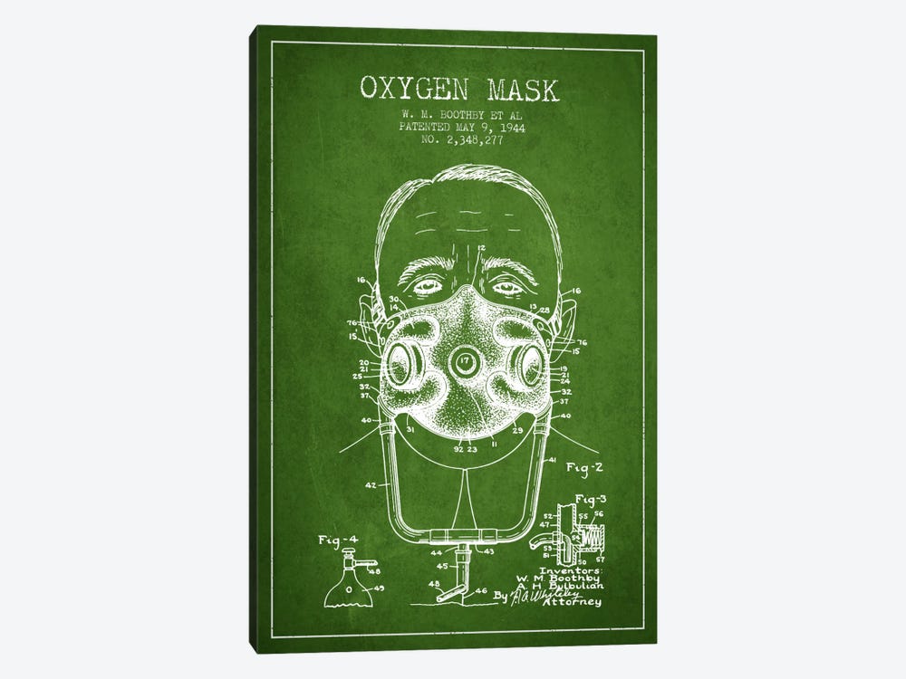 Oxygen Mask 2 Green Patent Blueprint by Aged Pixel 1-piece Canvas Artwork