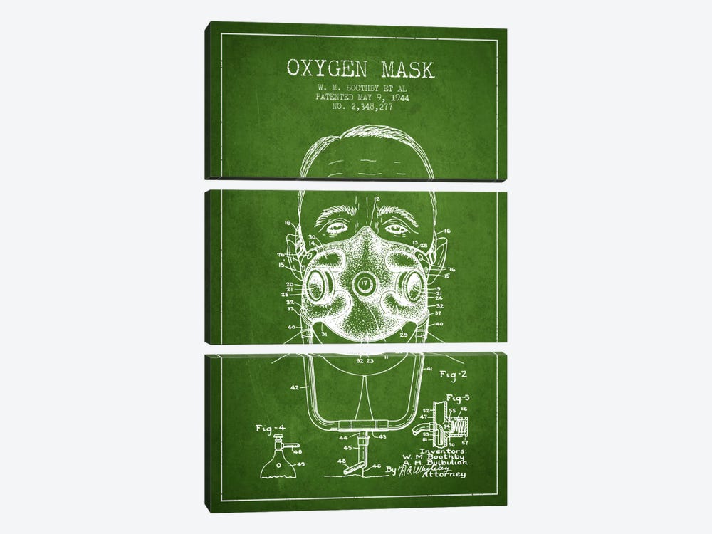 Oxygen Mask 2 Green Patent Blueprint by Aged Pixel 3-piece Canvas Artwork