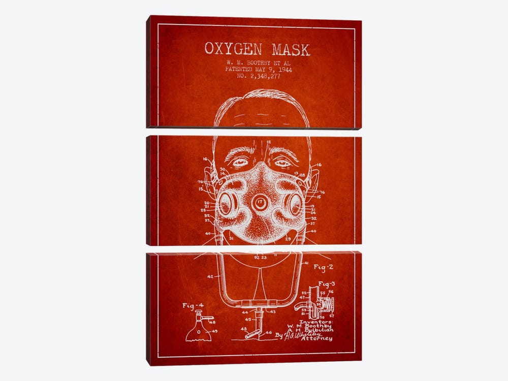 Oxygen Mask 2 Red Patent Blueprint by Aged Pixel 3-piece Canvas Artwork