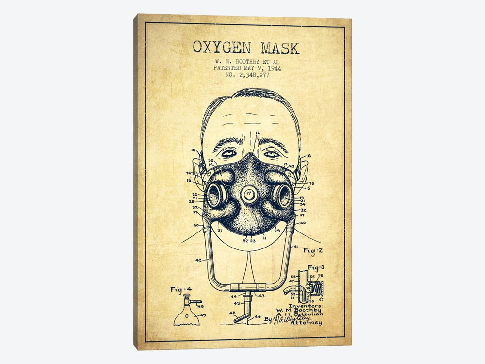 Oxygen Mask 2 Vintage Patent Blueprint by Aged Pixel 1-piece Canvas Art Print