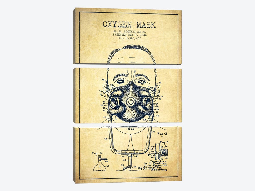 Oxygen Mask 2 Vintage Patent Blueprint by Aged Pixel 3-piece Canvas Print