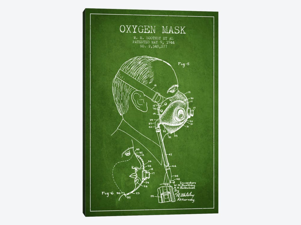 Oxygen Mask 3 Green Patent Blueprint by Aged Pixel 1-piece Canvas Print