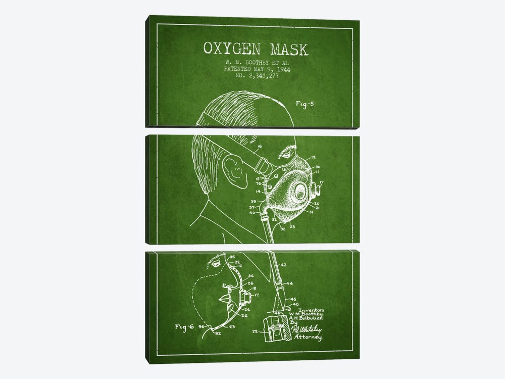 Oxygen Mask 3 Green Patent Blueprint by Aged Pixel 3-piece Canvas Print
