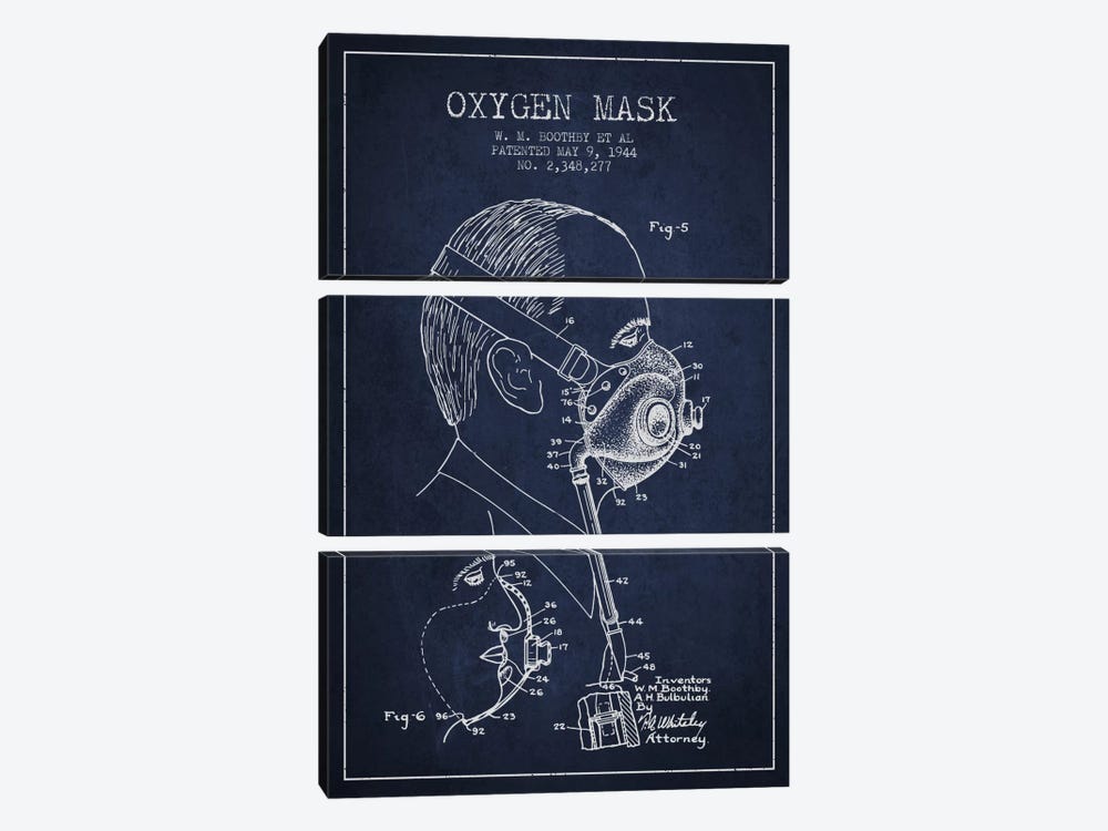 Oxygen Mask 3 Navy Blue Patent Blueprint by Aged Pixel 3-piece Canvas Wall Art