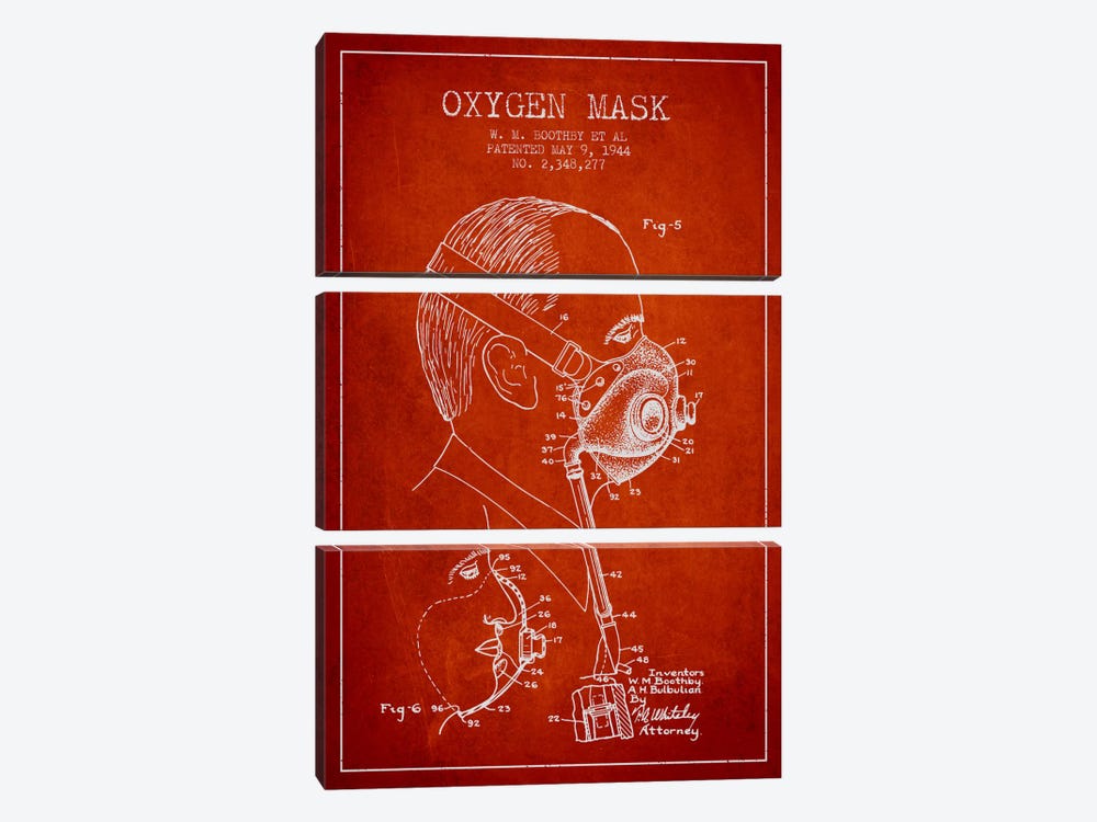 Oxygen Mask 3 Red Patent Blueprint by Aged Pixel 3-piece Canvas Print