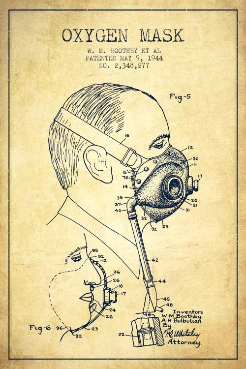 Oxygen Mask 3 Vintage Patent Blueprint by Aged Pixel wall art